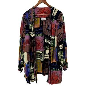 Fitting Image Vintage 90s Abstract Art Print Rayon Open Front Cardigan Top 24W